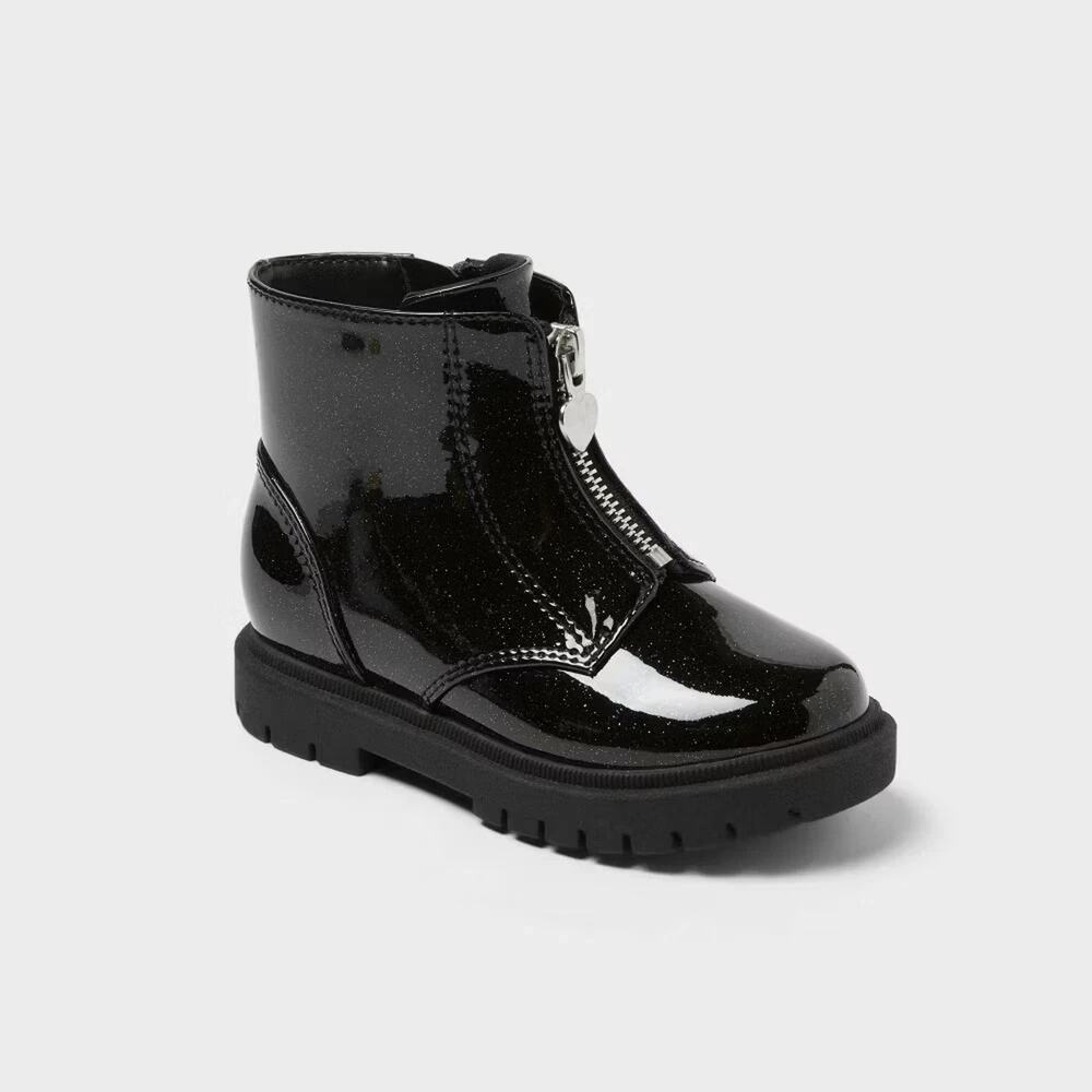 Toddler Girls Black Patent Ankle Boots Size 5C Lug Sole Cat & Jack Donna New